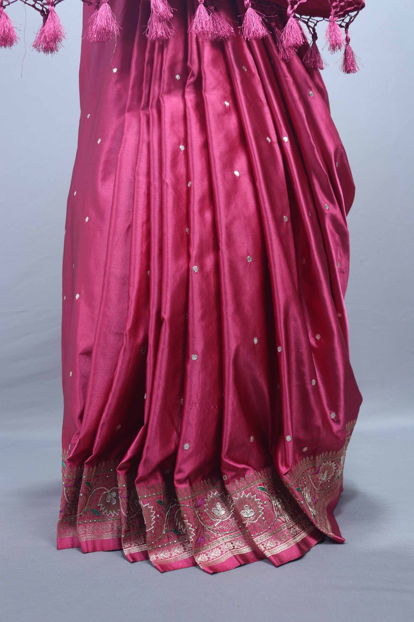 Wine Pink Embroidered Silk Saree with Heavy Zari Border Booti Work