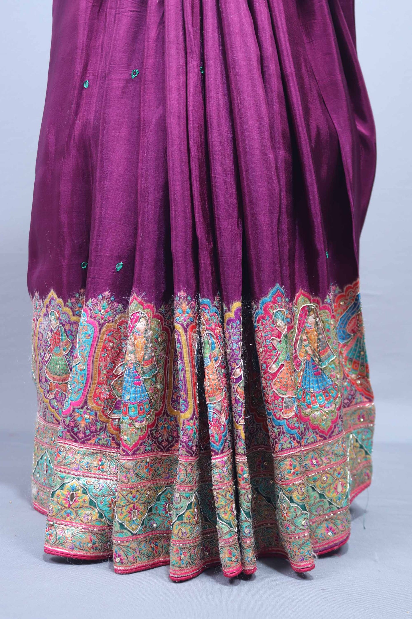 Wine Purple Designer Saree with Multicolor Kashmiri Embroidered Border