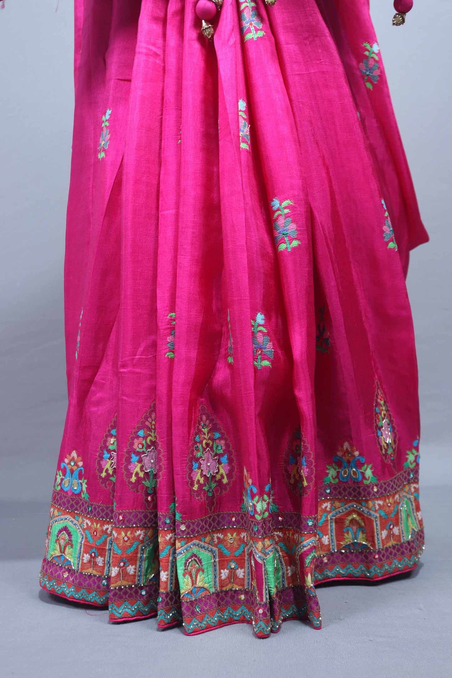 Rani Pink Printed Silk Saree with Traditional Paisley Floral Border