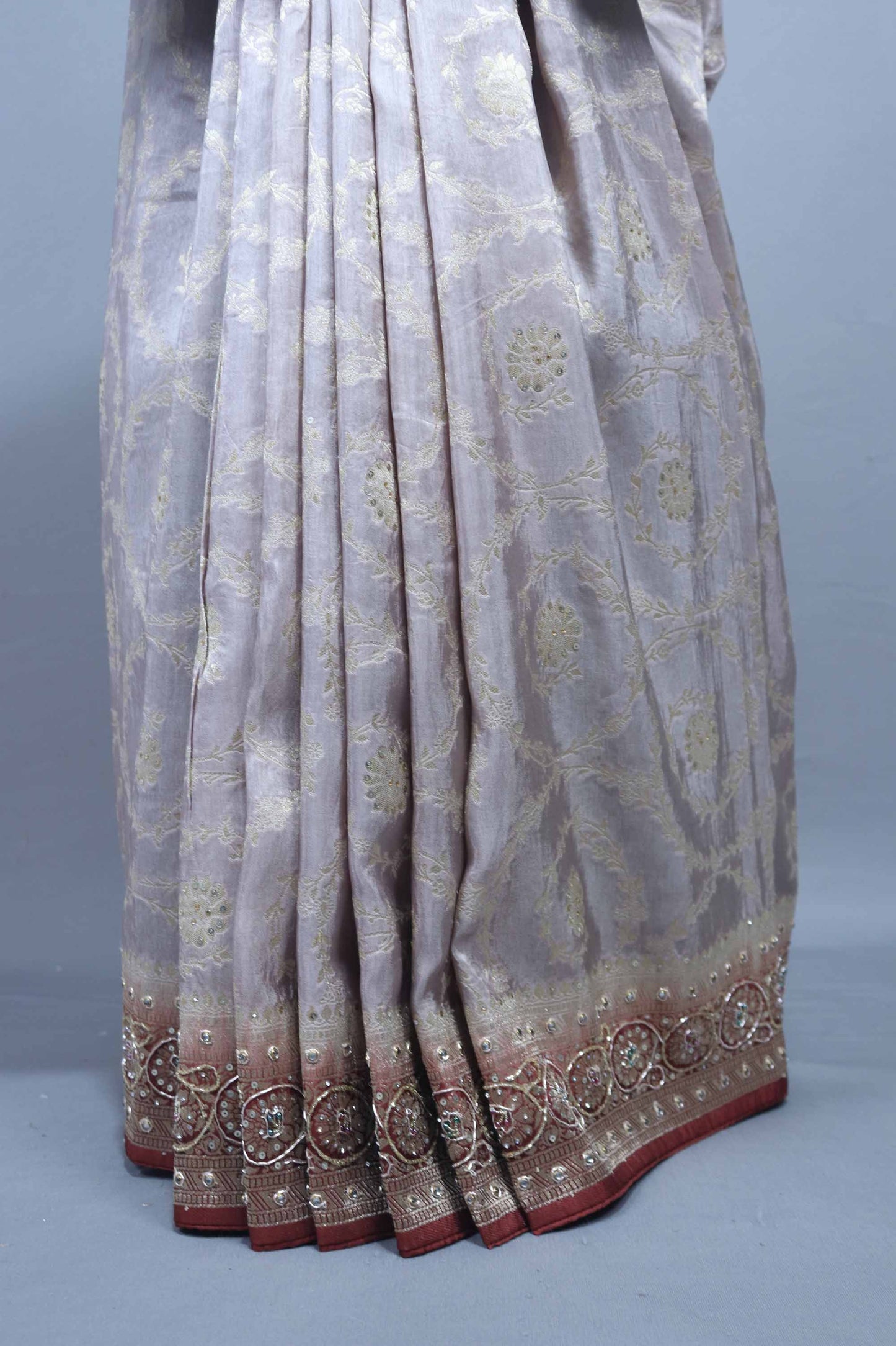 Off White Maroon Embroidered Chiffon Saree with Heavy Traditional Pallu