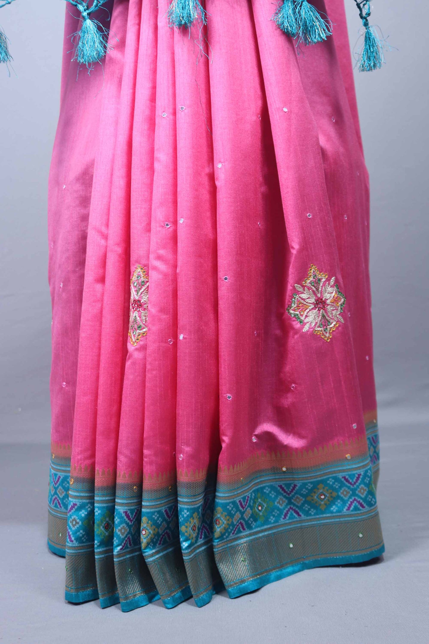 Pink Silk Saree with Turquoise Blue Woven Zari Border Tassel Pallu