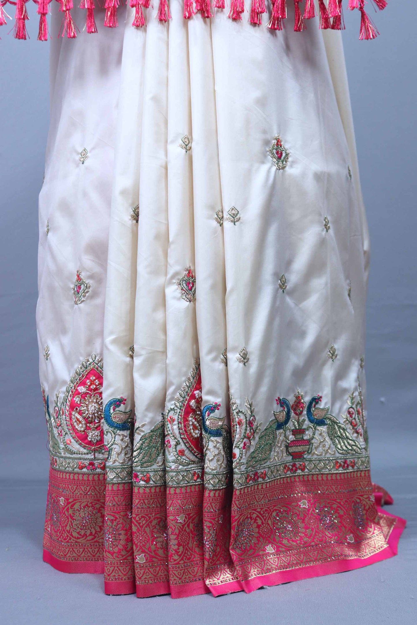 Cream Silk Saree with Pink Zari Woven Pallu, Peacock Motif Border