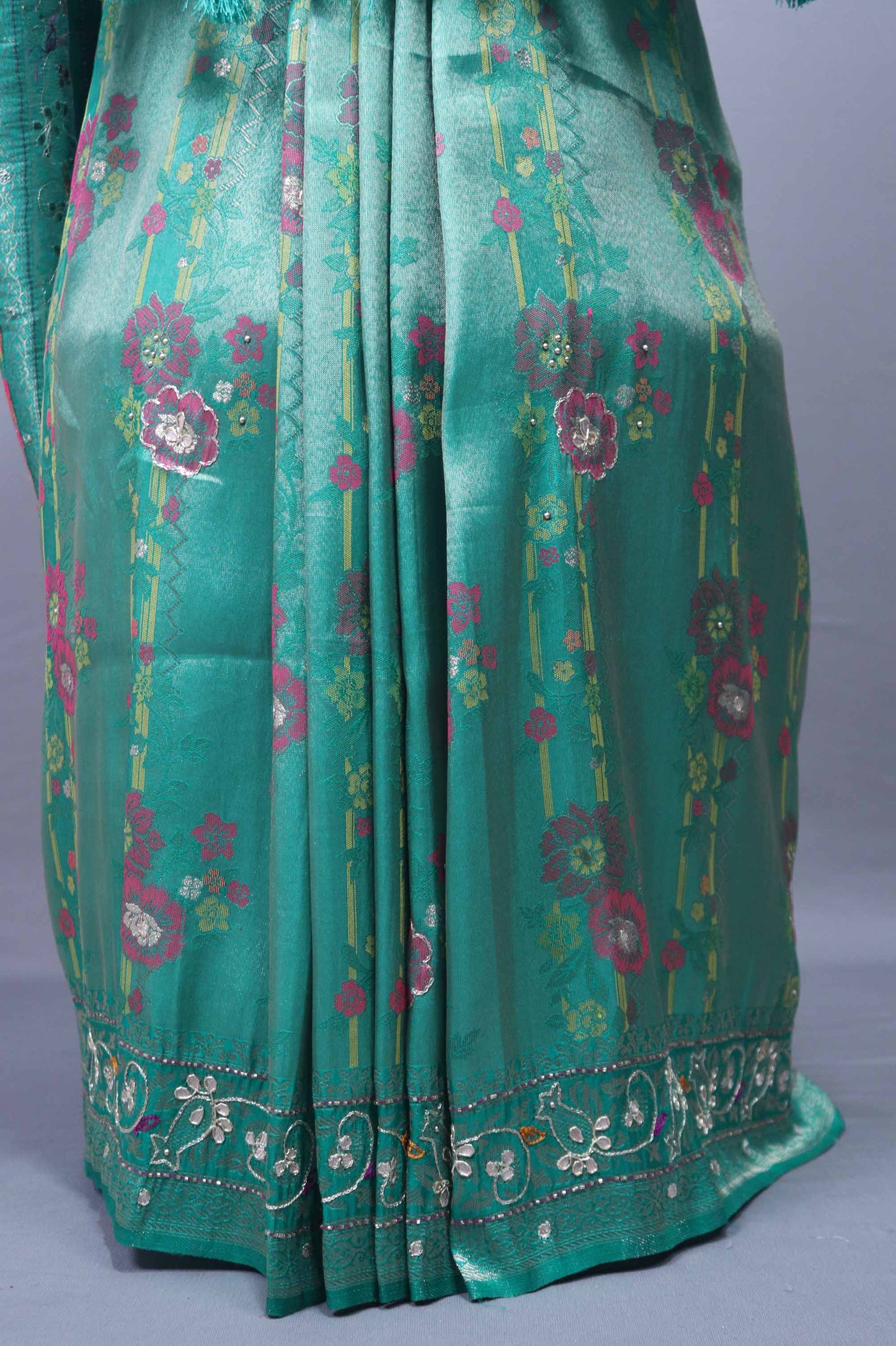 Teal Green Silk Saree Floral Embroidery Woven Border Tasselled Pallu
