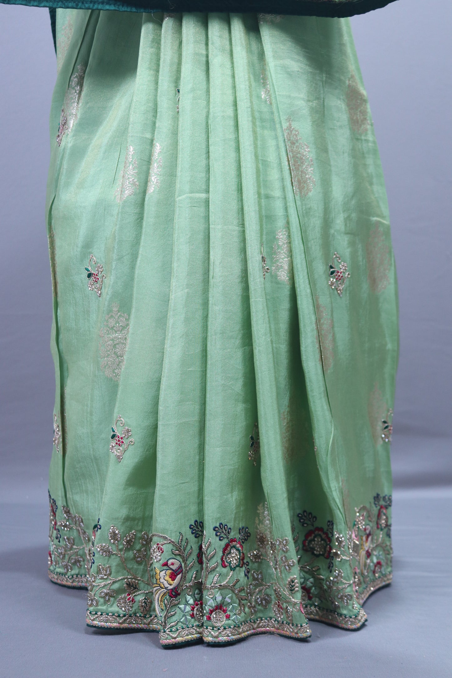 Mint Green Embroidered Silk Saree Silver Zari Buti Multicolor Floral Border