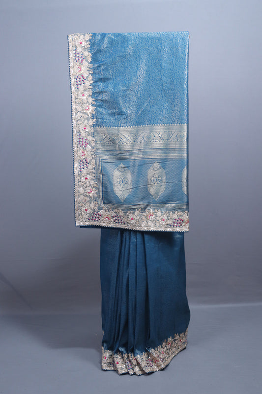 Steel Blue Silk Saree with Silver Zari Multicolor Embroidered Lace Border