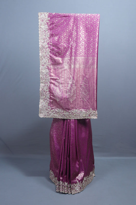 Rani Pink Silk Saree with Silver Zari Embroidered Lace Border
