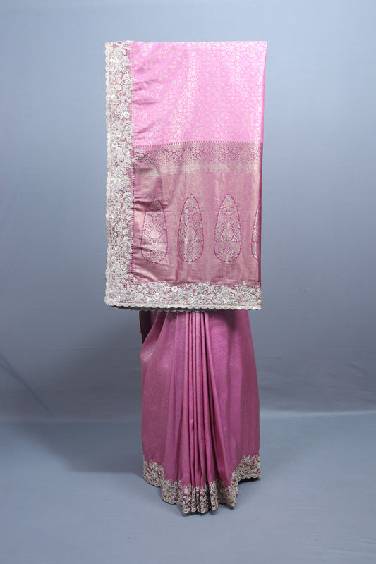 Pink Silk Saree with Silver Zari Embroidered Lace Border