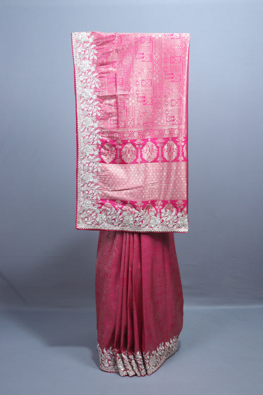 Hot Pink Banarasi Silk Saree with Heavy Silver Zari Embroidered Border