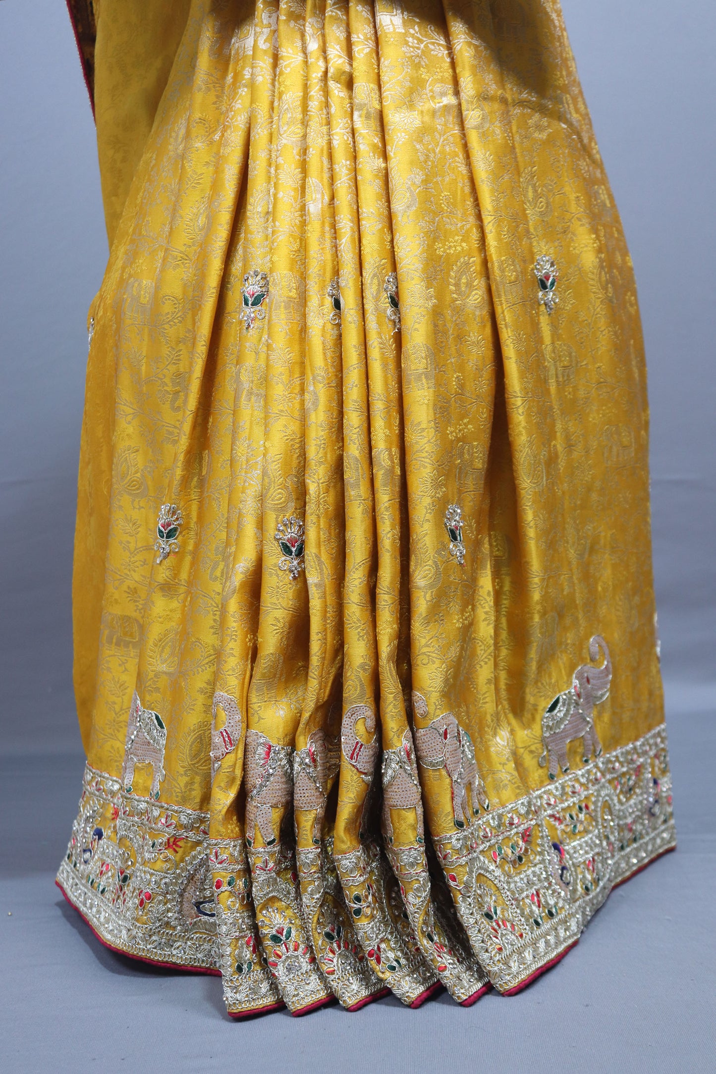 Mustard Yellow Banarasi Silk Saree Elephant Motif Zari Embroidered Border