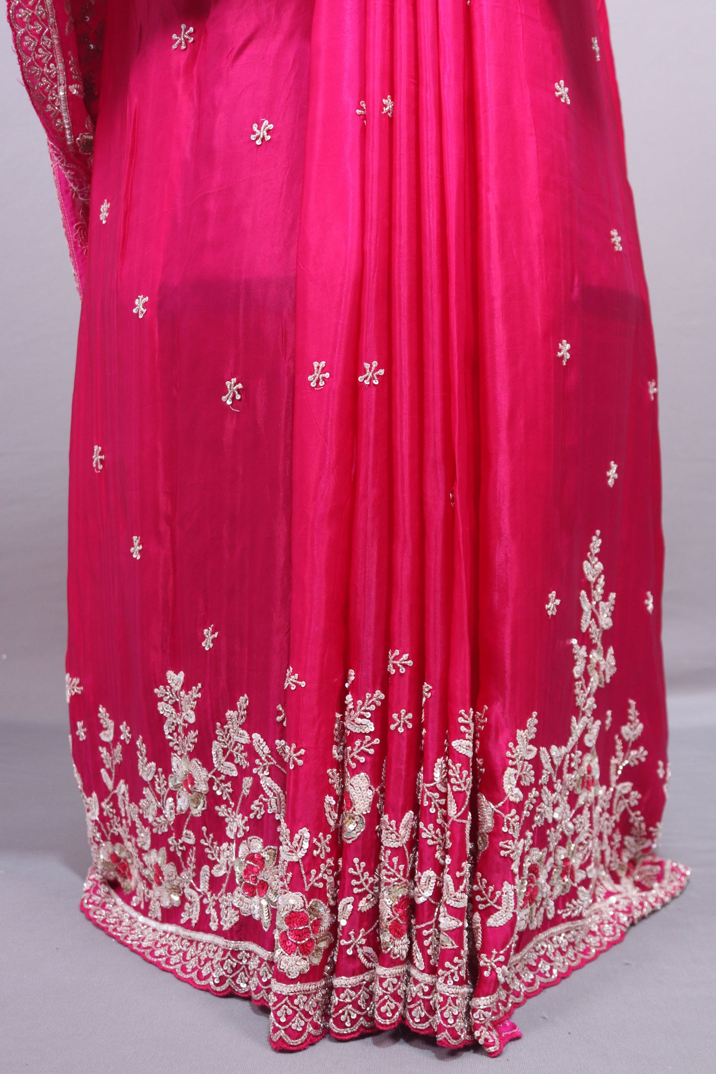 Rani Pink Designer Silk Saree with Silver Floral Embroidery Border