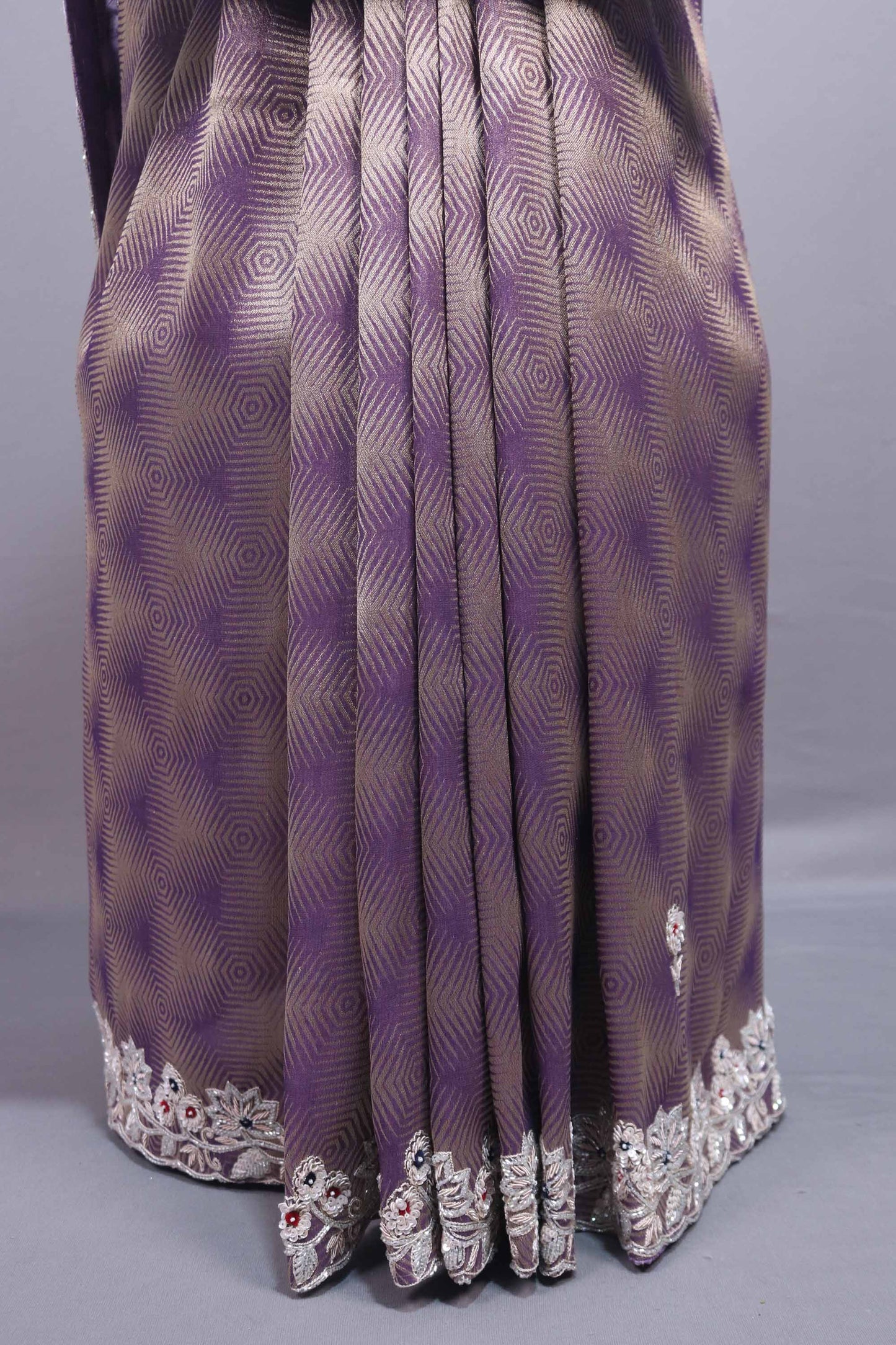 Lavender Purple Silk Saree Geometric Pattern Floral Zari Embroidered Border