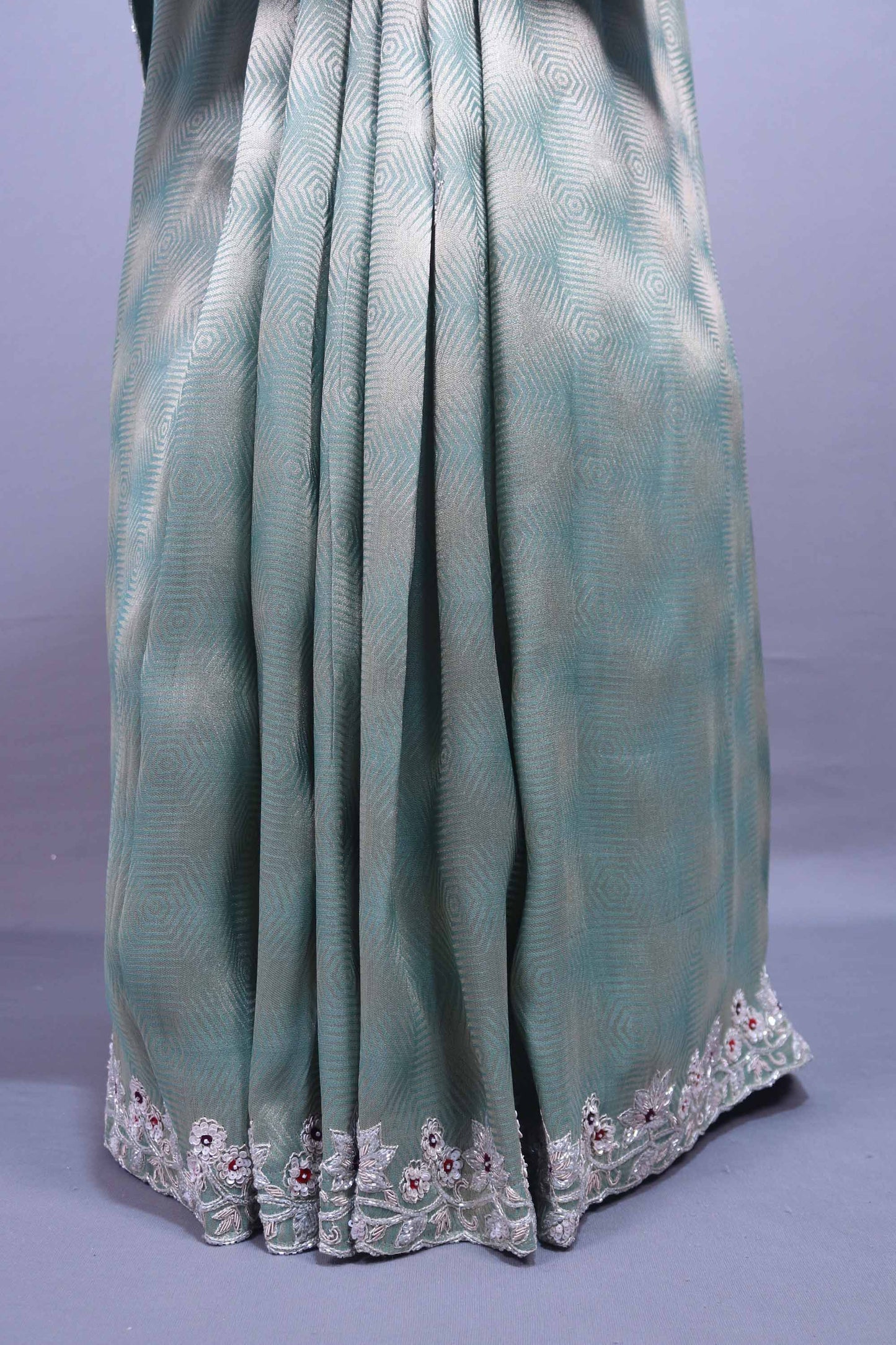 Pastel Green Silk Saree Geometric Weave Floral Zari Embroidered Border