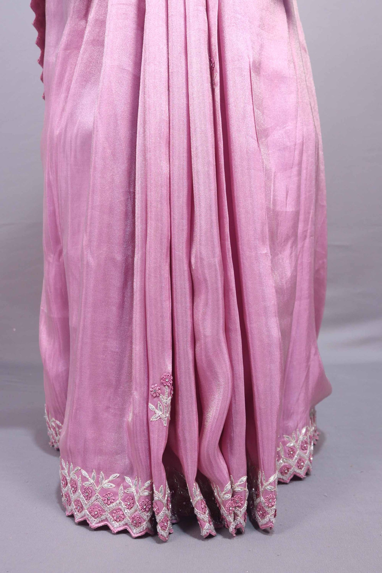 Pink Silk Saree with Floral Zari Embroidered Border Buti Work