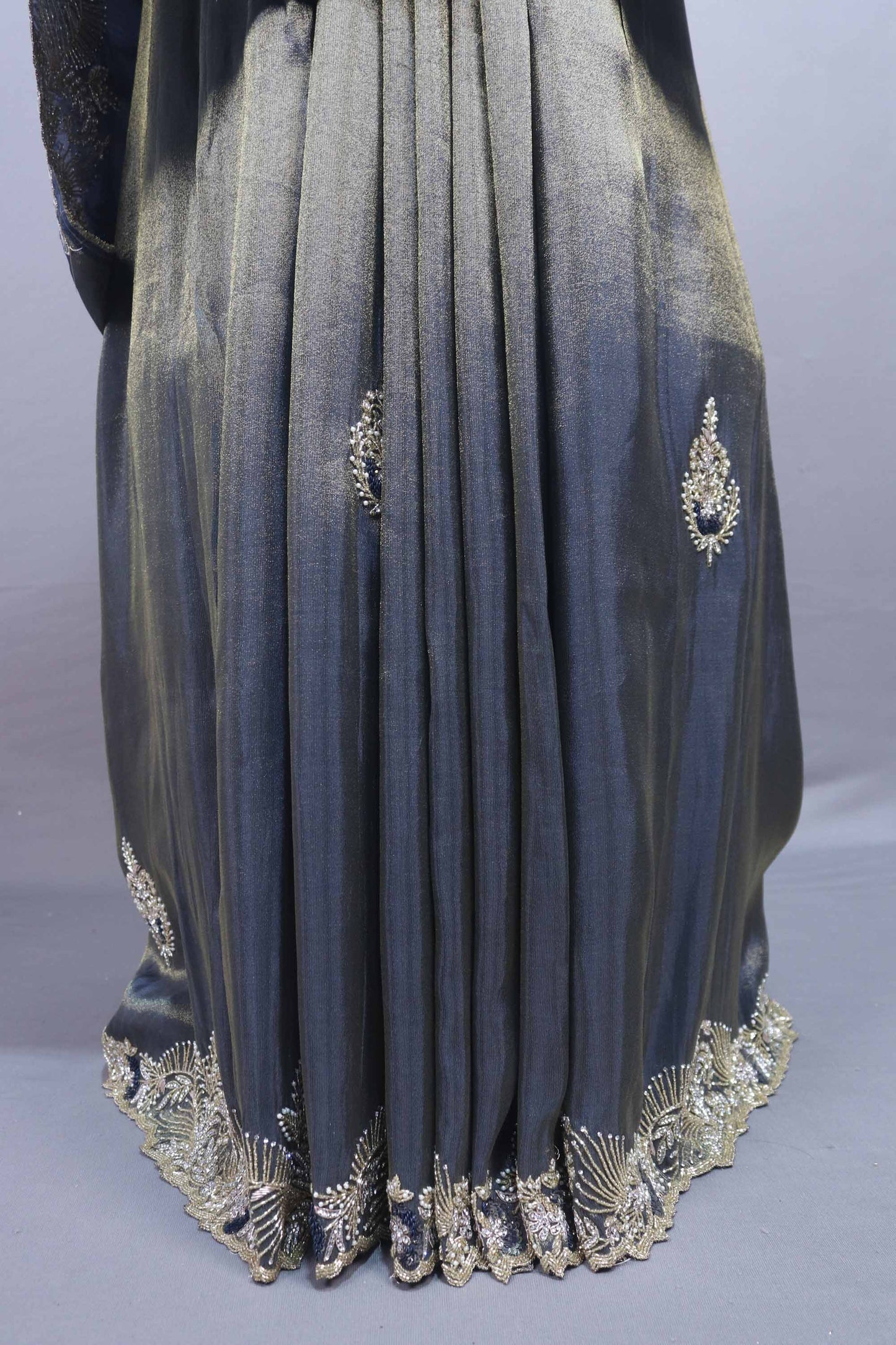 Steel Grey Silk Saree with Heavy Zari Embroidered Border Buti Work