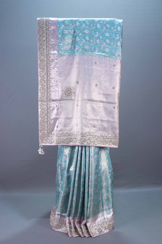 Sea Green Pastel Pink Silk Saree Silver Zari Weaving Heavy Lace Border