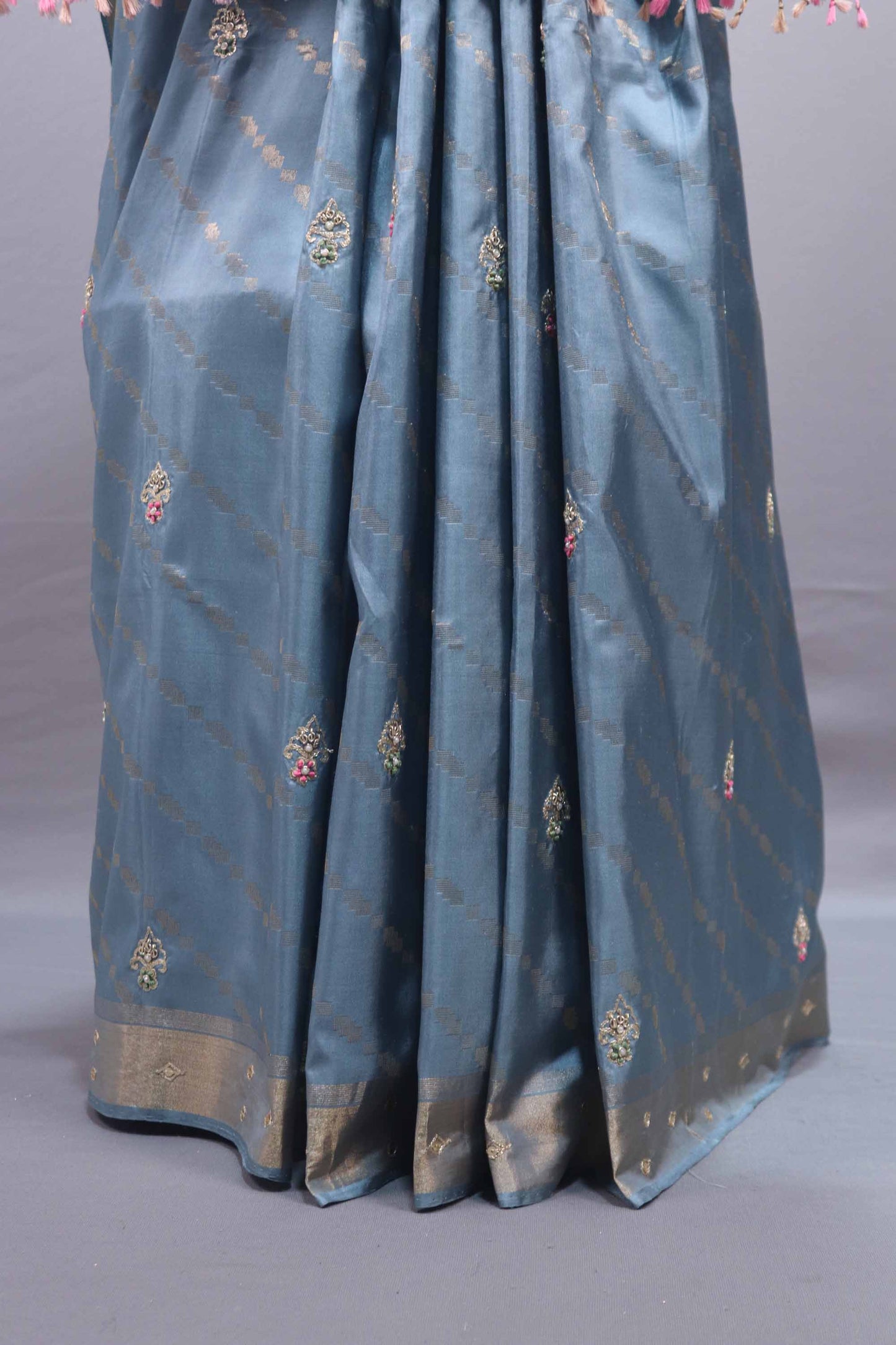 Multicolor Pastel Silk Saree Embroidered Butti Work Tassel Pallu