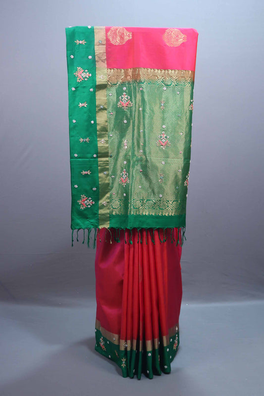 Rani Pink Green Silk Saree Zari Border Floral Embroidery Traditional Saree