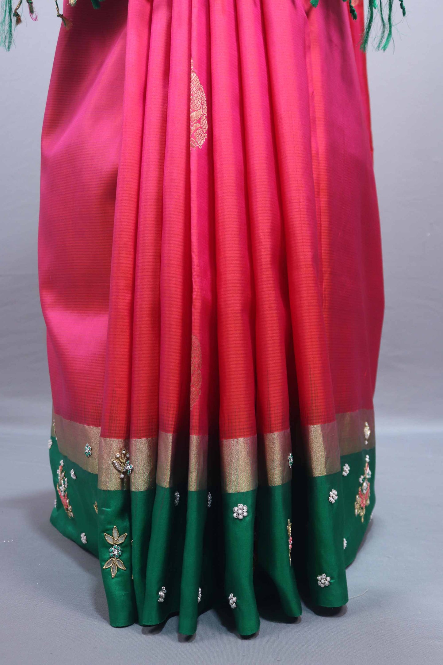 Rani Pink Green Silk Saree Zari Border Floral Embroidery Traditional Saree