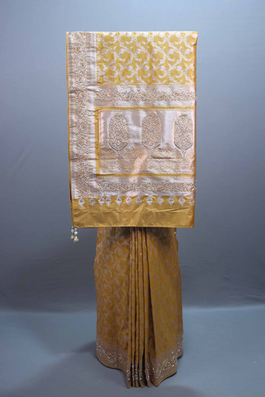 Mustard Yellow Banarasi Silk Saree Silver Zari Weaving Heavy Designer Border