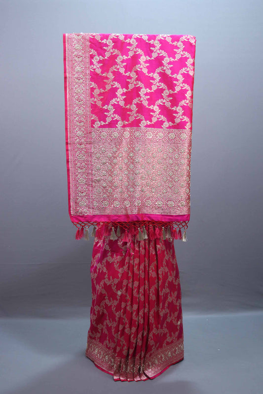 Hot Pink Banarasi Silk Saree with ari Floral Weaving and Heavy Border