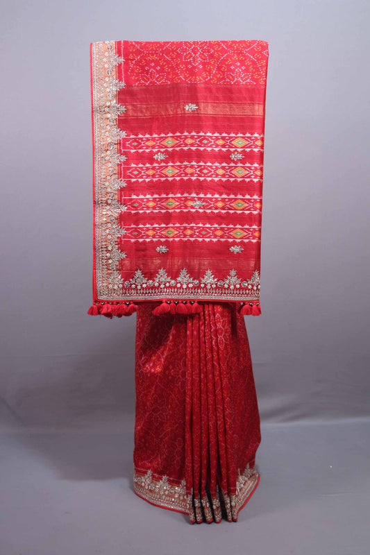 Red Silk Blend Traditional Saree with Silver Zari Border Woven Design