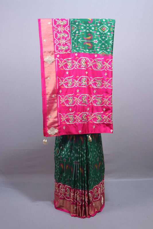 Green Rani Pink Patola Silk Saree Peacock Floral Weaving Saree