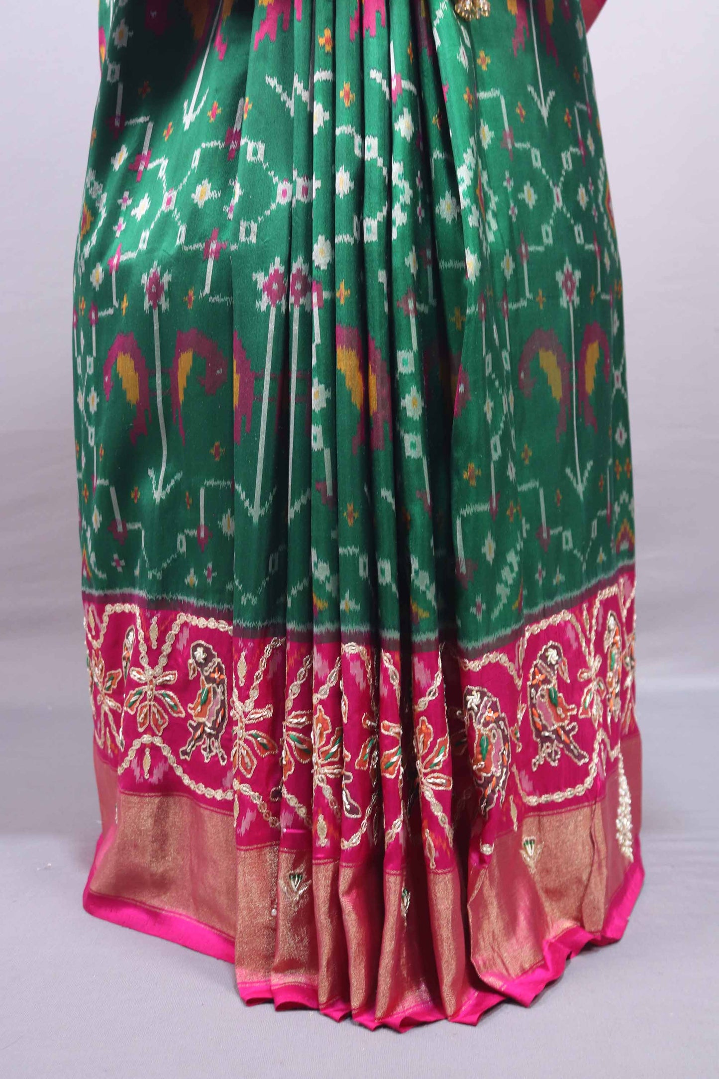 Green Rani Pink Patola Silk Saree Peacock Floral Weaving Saree