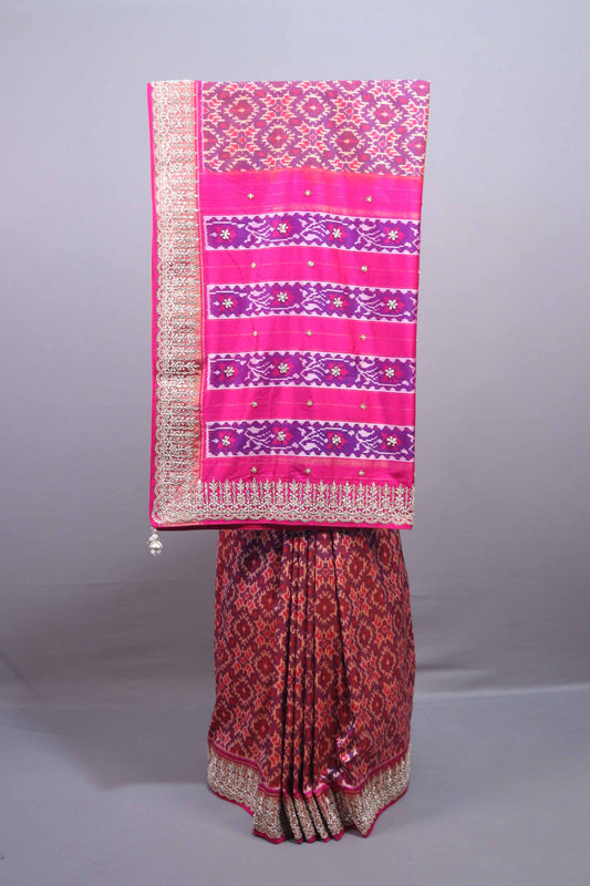 Rani Pink Purple Patola Silk Saree Ikat Weaving Heavy Zari Border