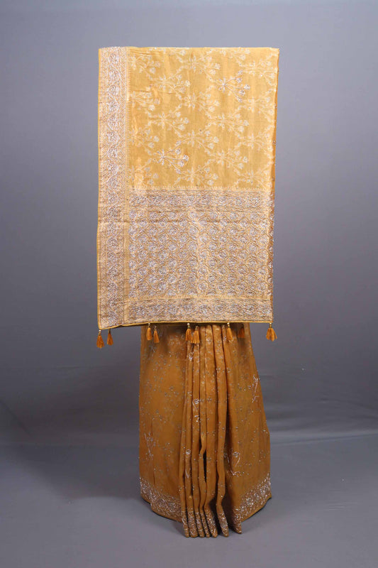 Mustard Yellow Silk Saree with Heavy Silver Zari Embroidery Saree