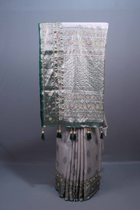 Grey Green Silk Saree Heavy Silver Zari Work Designer Embroidered Pallu