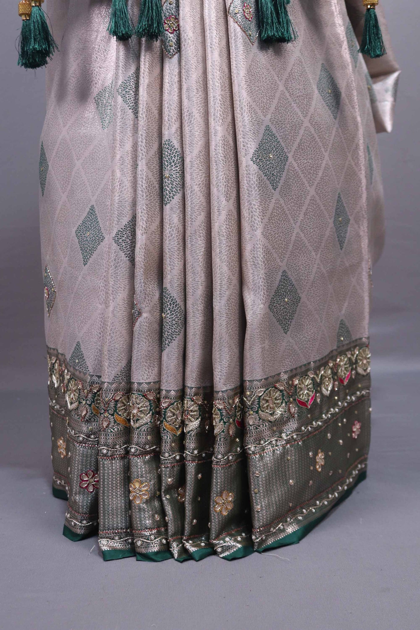 Grey Green Silk Saree Heavy Silver Zari Work Designer Embroidered Pallu