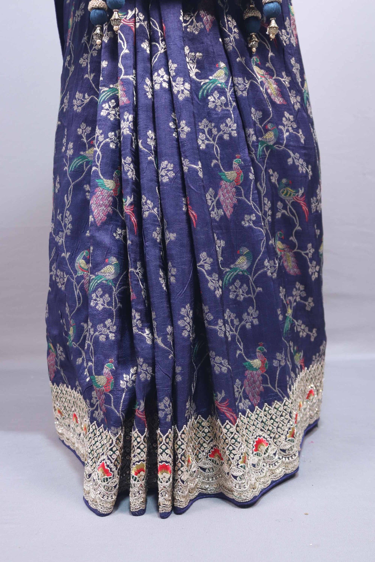 Royal Blue Silk Saree with Silver Zari Border Floral Motifs Saree