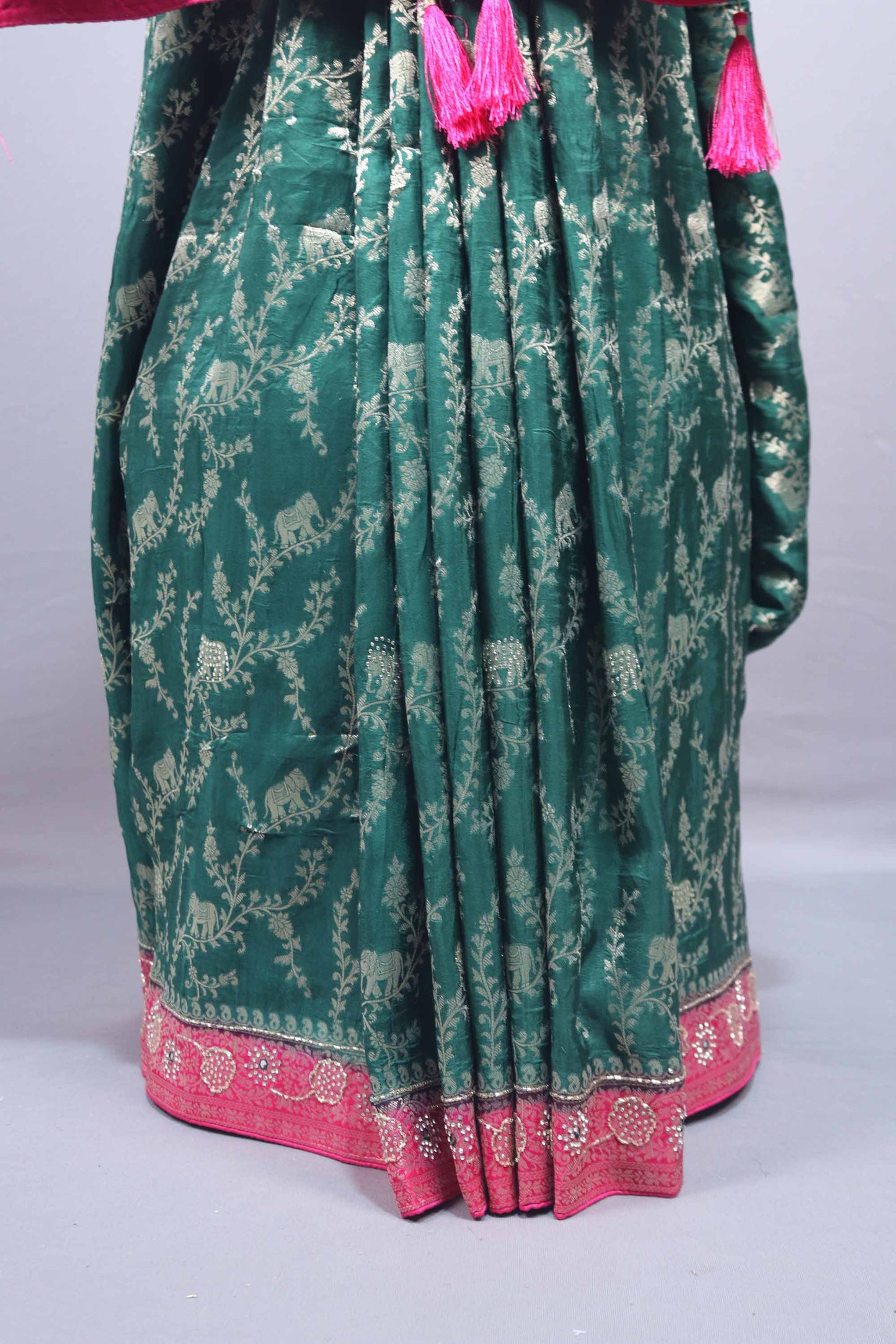 Green Banarasi Silk Saree Pink Contrast Border Zari Weaving Saree