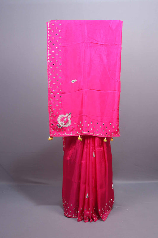 Rani Pink Silk Saree with Paisley Embroidery Mirror Work Border