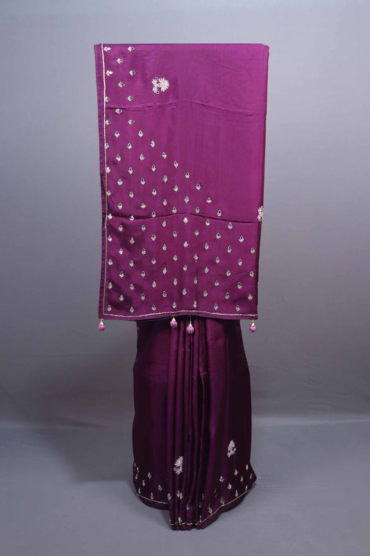 Dark Plum Silk Saree with Silver Butti Embroidery Tassel Border