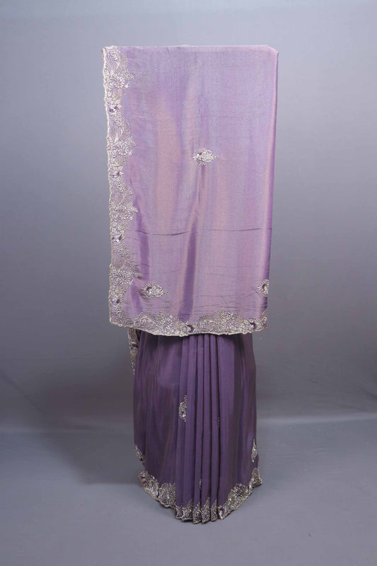 Lavender Silk Saree with Heavy Silver Embroidered Border Designer Pallu