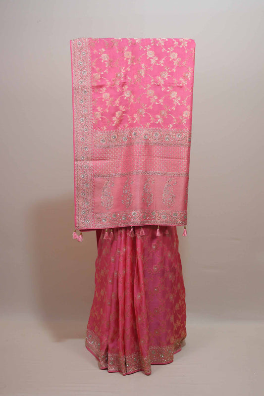 Pink Banarasi Silk Saree with Silver Zari Floral Weaving Heavy Border