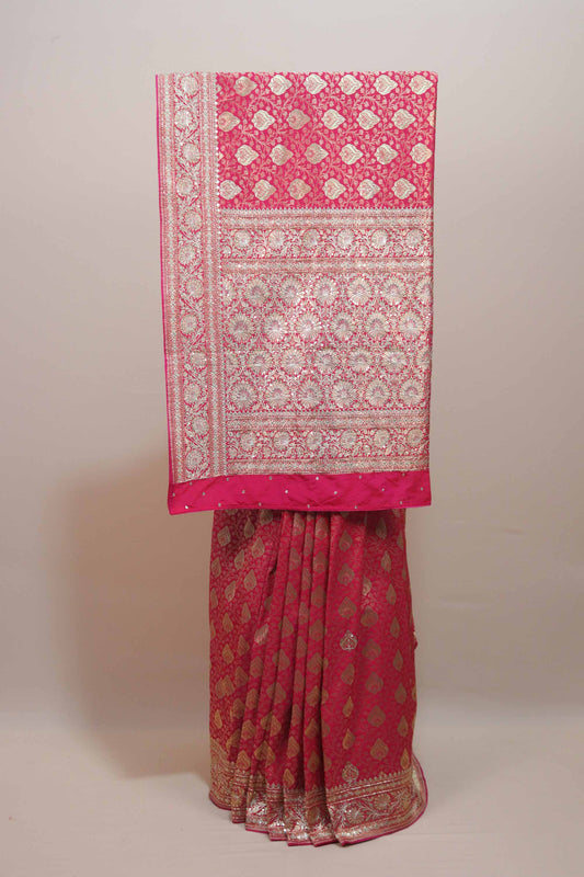 Rani Pink Banarasi Silk Saree with Heavy Gold Zari Jaal Work Rich Pallu