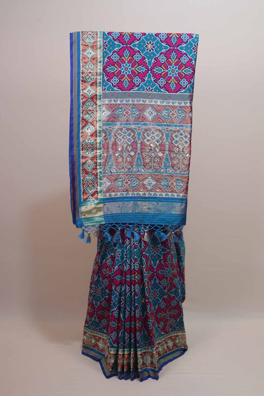 Blue Patola Print Silk Saree Multicolor Ikat Design Embroidered Border