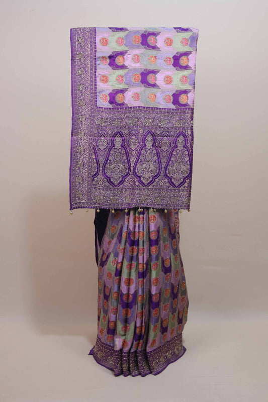 Purple Banarasi Style Silk Saree with Silver Zari Border