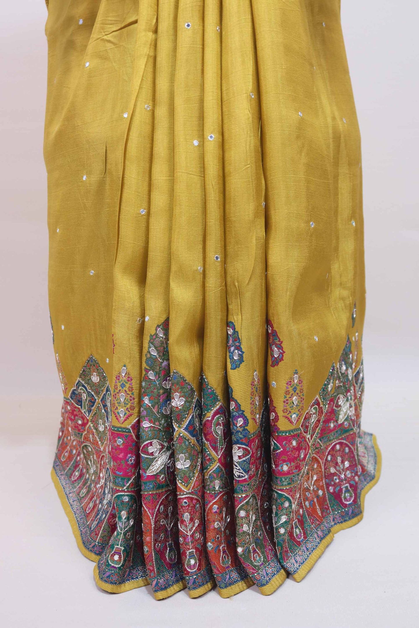Mustard Yellow Printed Saree Multicolor Traditional Pallu Tassel Border