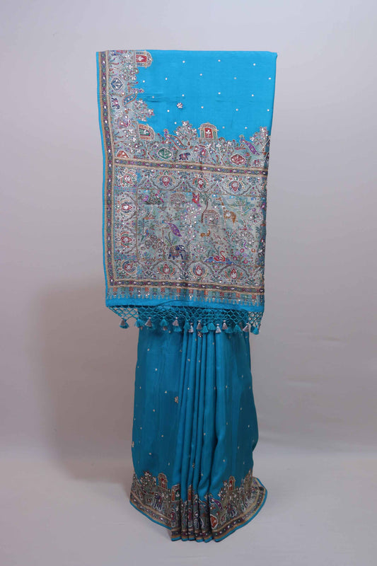 Sky Blue Parsi Gara Embroidered Saree Peacock Elephant Motif Border