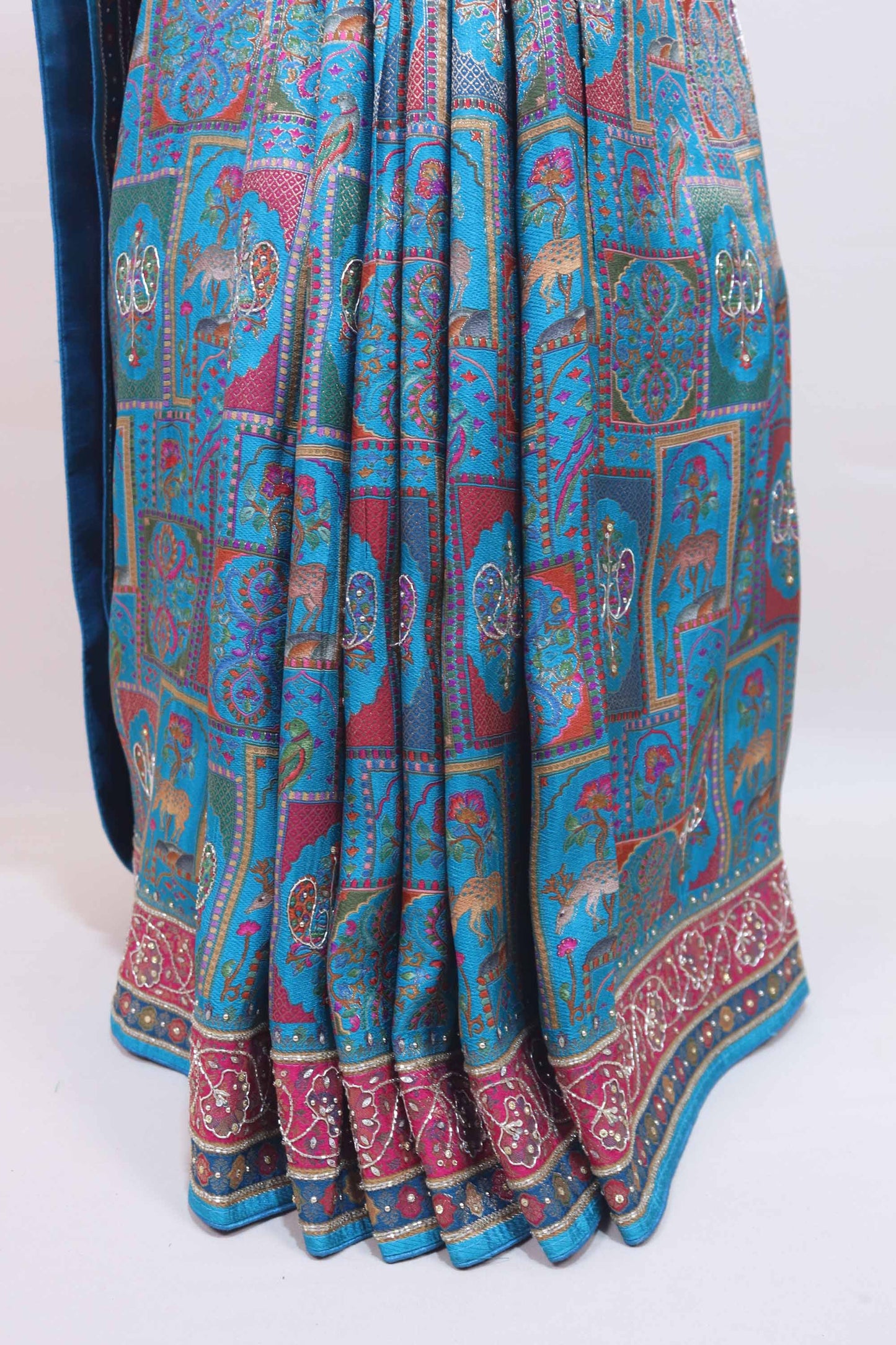 Turquoise Blue Pink Parsi Gara Embroidered Saree Elephant Peacock Motifs