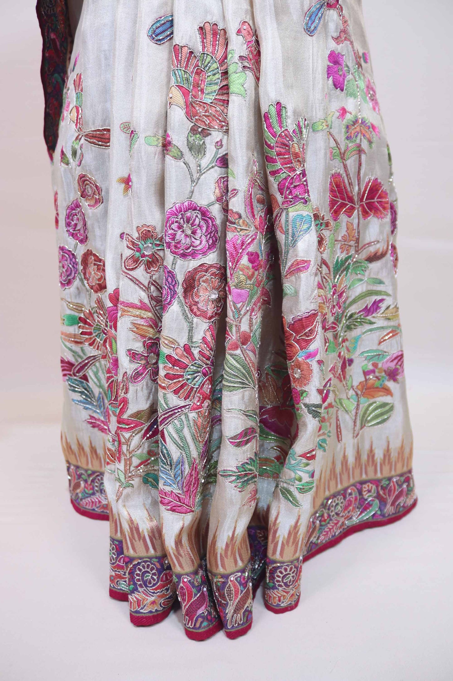 Ivory White Designer Parsi Gara Embroidered Saree Floral Motifs