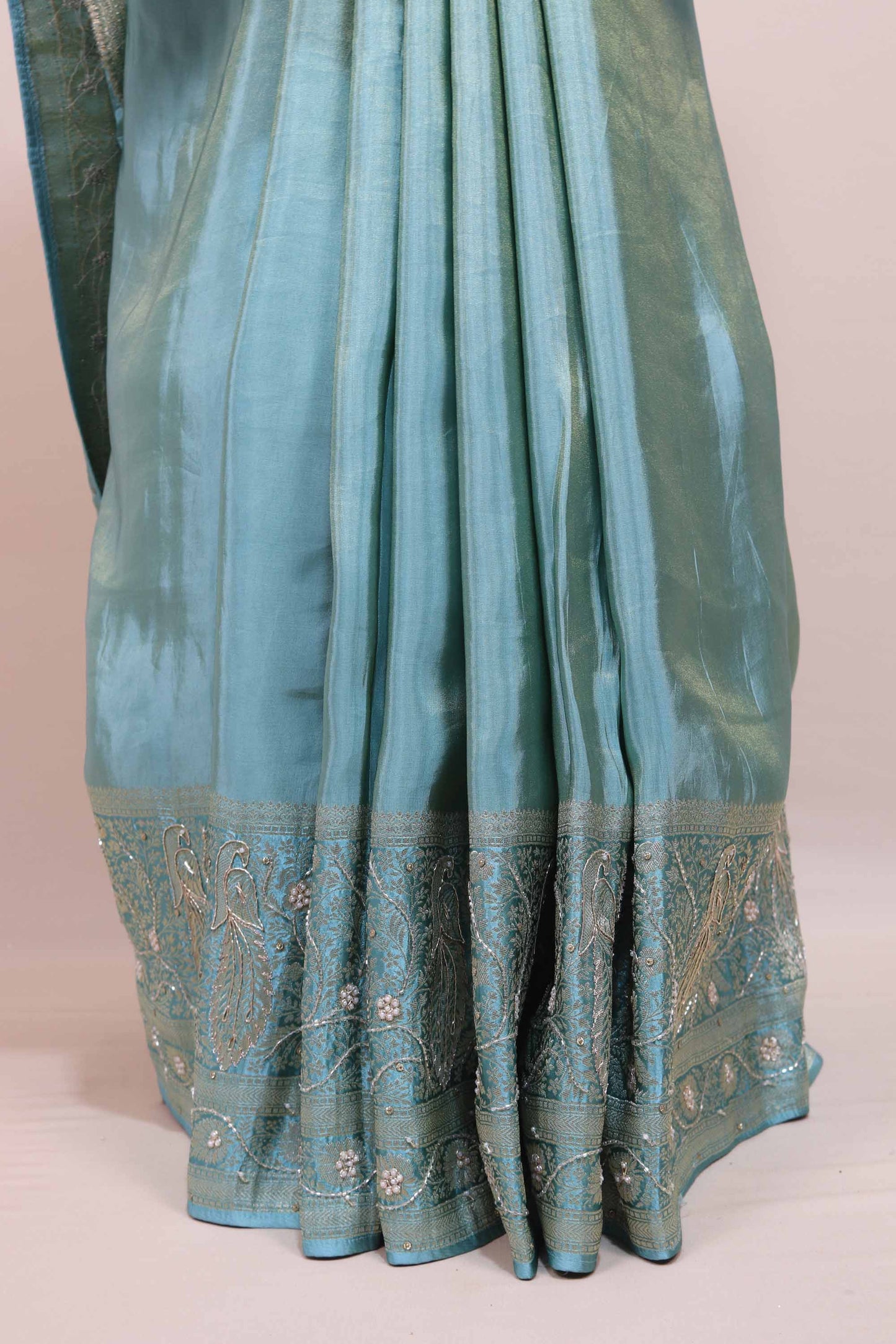 Sky Blue Banarasi Silk Saree Silver Zari Embroidery Floral Motifs