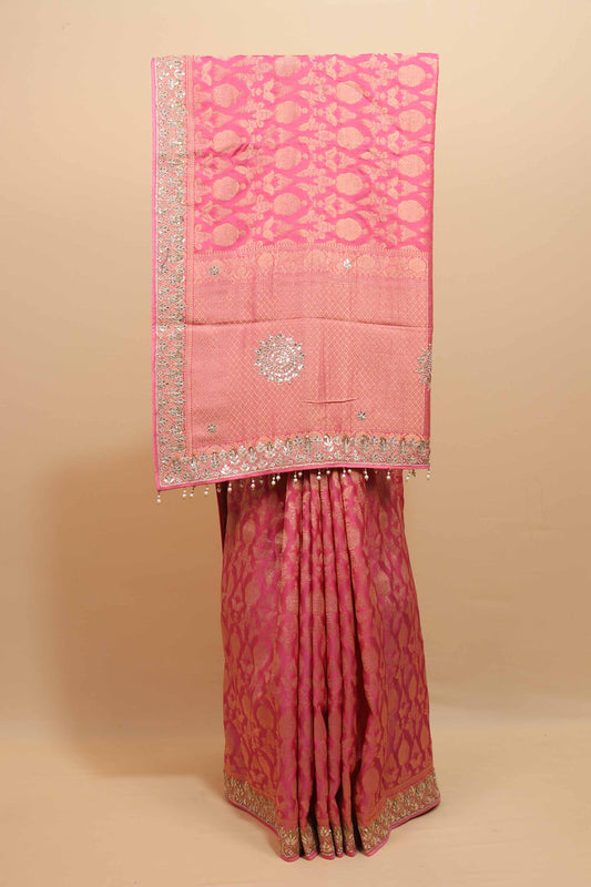 Rani Pink Banarasi Silk Saree with Gold Zari Weaving Floral Motifs