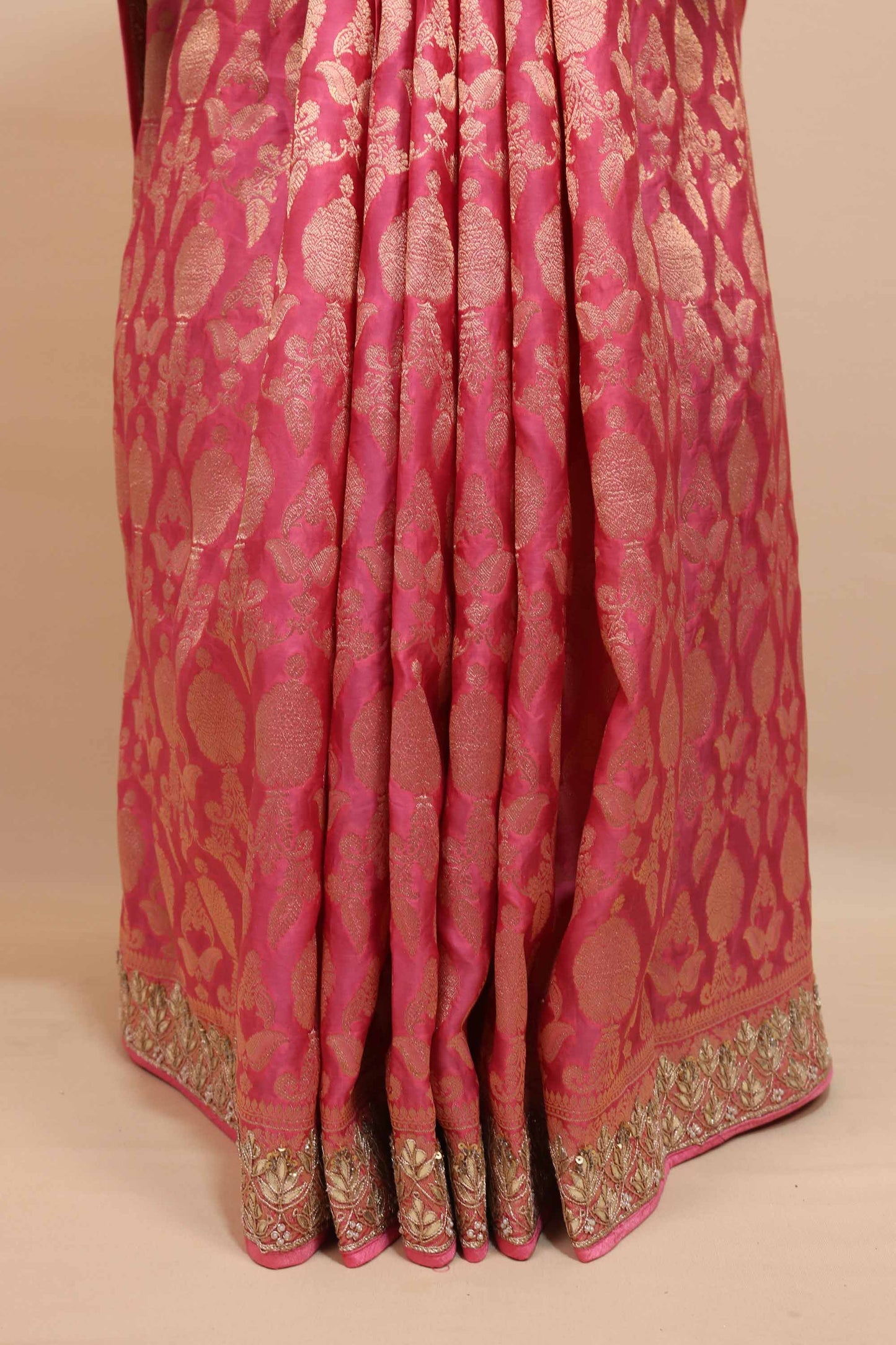 Rani Pink Banarasi Silk Saree with Gold Zari Weaving Floral Motifs