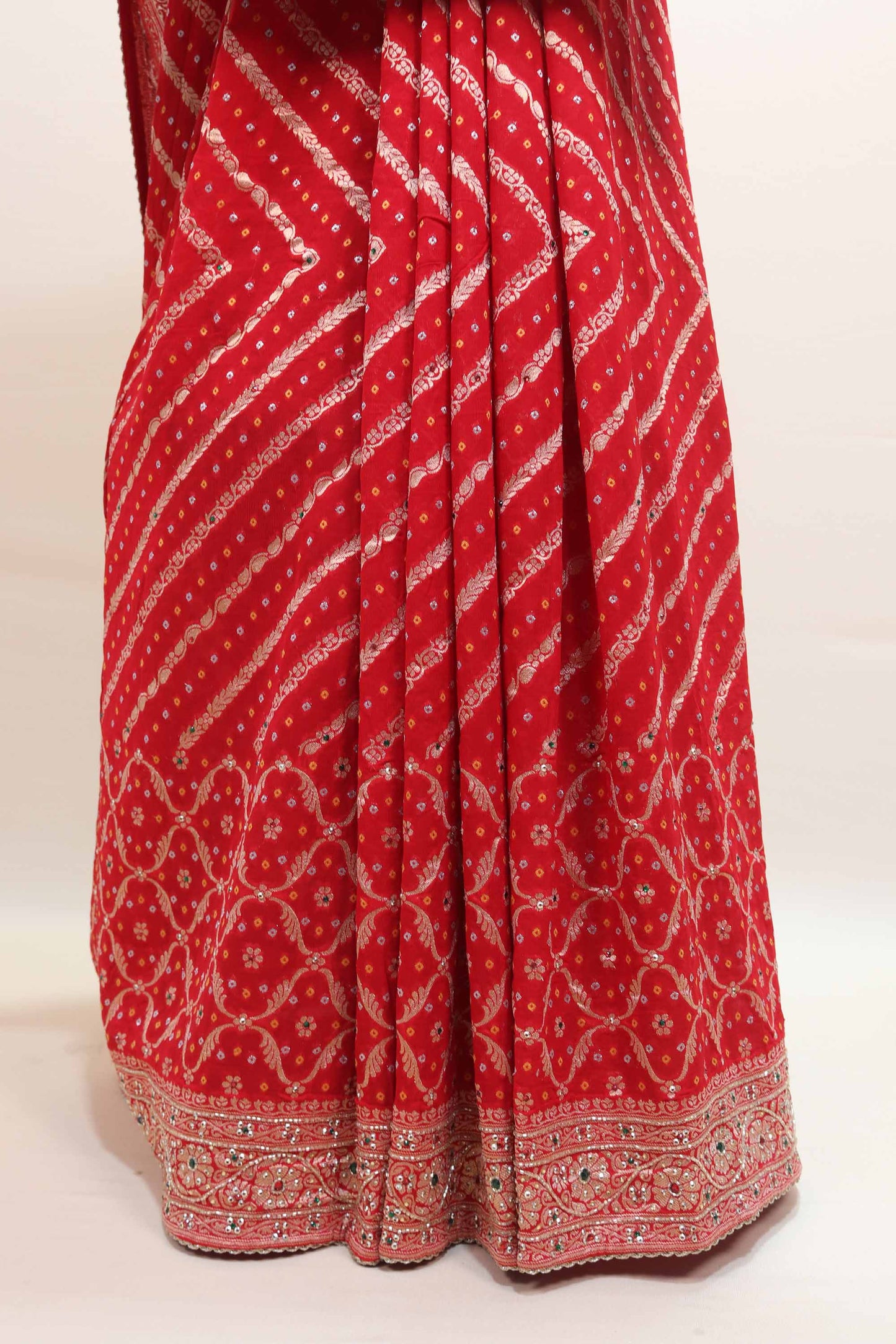 Red Embroidered Bandhani Saree with Heavy Zari Work Border