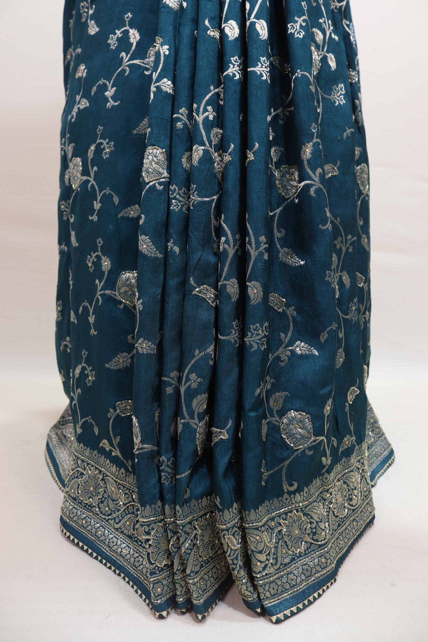 Teal Blue Embroidered Silk Saree Heavy Zari Border Floral Vine Design