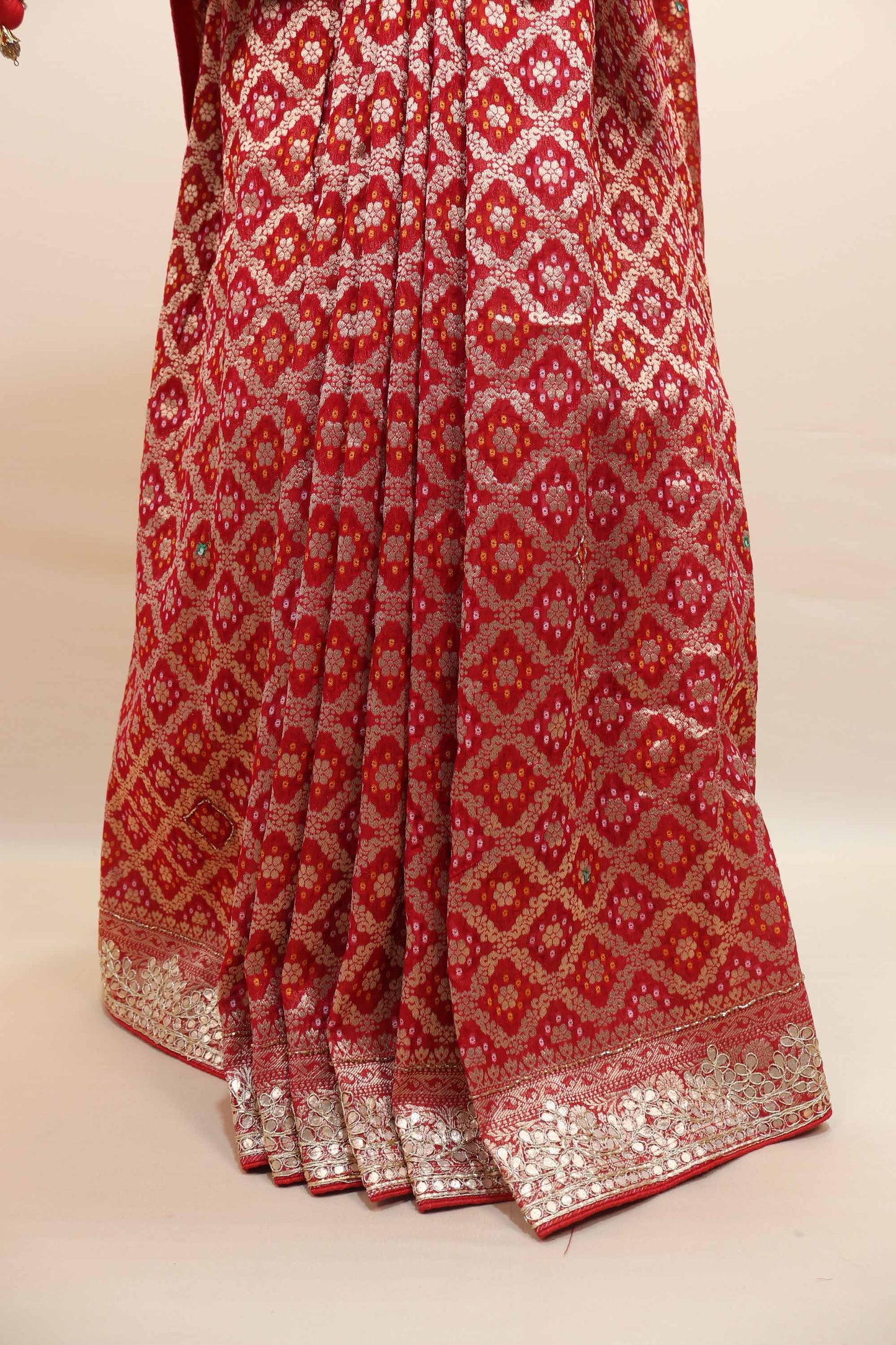 Red Bandhani Printed Saree with Silver Zari Border Traditional Saree